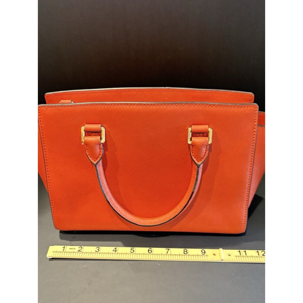 Michael Kors Selma Medium Saffiano Leather Satchel Bag Orange Gold Hardware - Picture 5 of 8